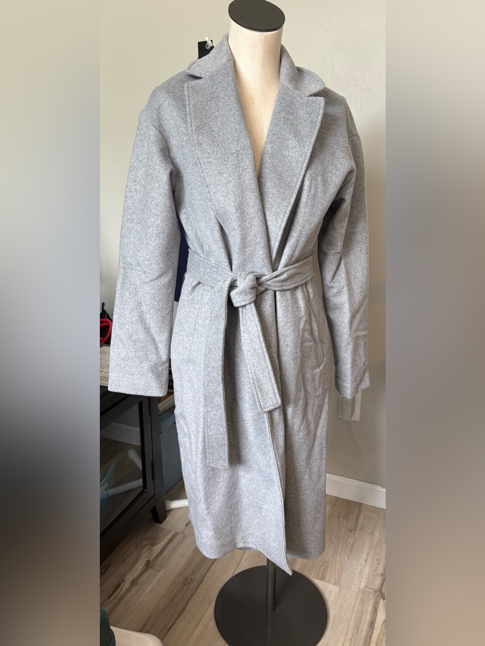 Express Light Gray Belted Long Robe Coat